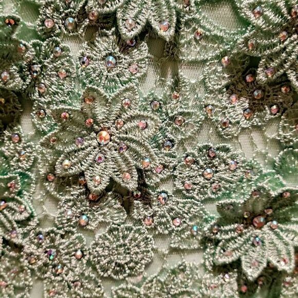 Formal Lt Green Rhinestones Floral Lace Sweetheart Bodice Long Gown Maxi Dress - Picture 13 of 15